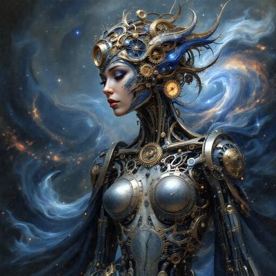 The primary subject of the image is a woman with a futuristic, mechanical appearance. She is wearing a metallic outfit and has a unique, artistic look. The setting is a space-themed environment, with a backdrop of stars and a blue sky. The visual style of the image is a combination of digital art and illustration, creating a striking and imaginative scene. The colors and mood of the image are predominantly blue and futuristic, giving the impression of a futuristic world or a fantasy setting.